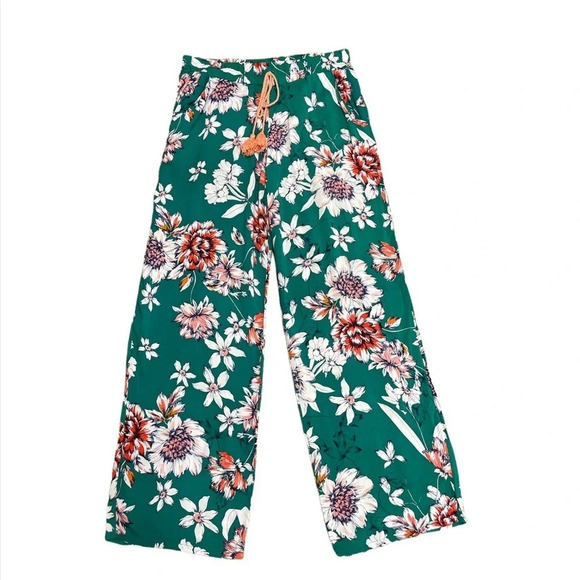 GYPSIES & MOONDUST Flowy Green Floral Boho Bohemian Pants Size L - Picture 1 of 9